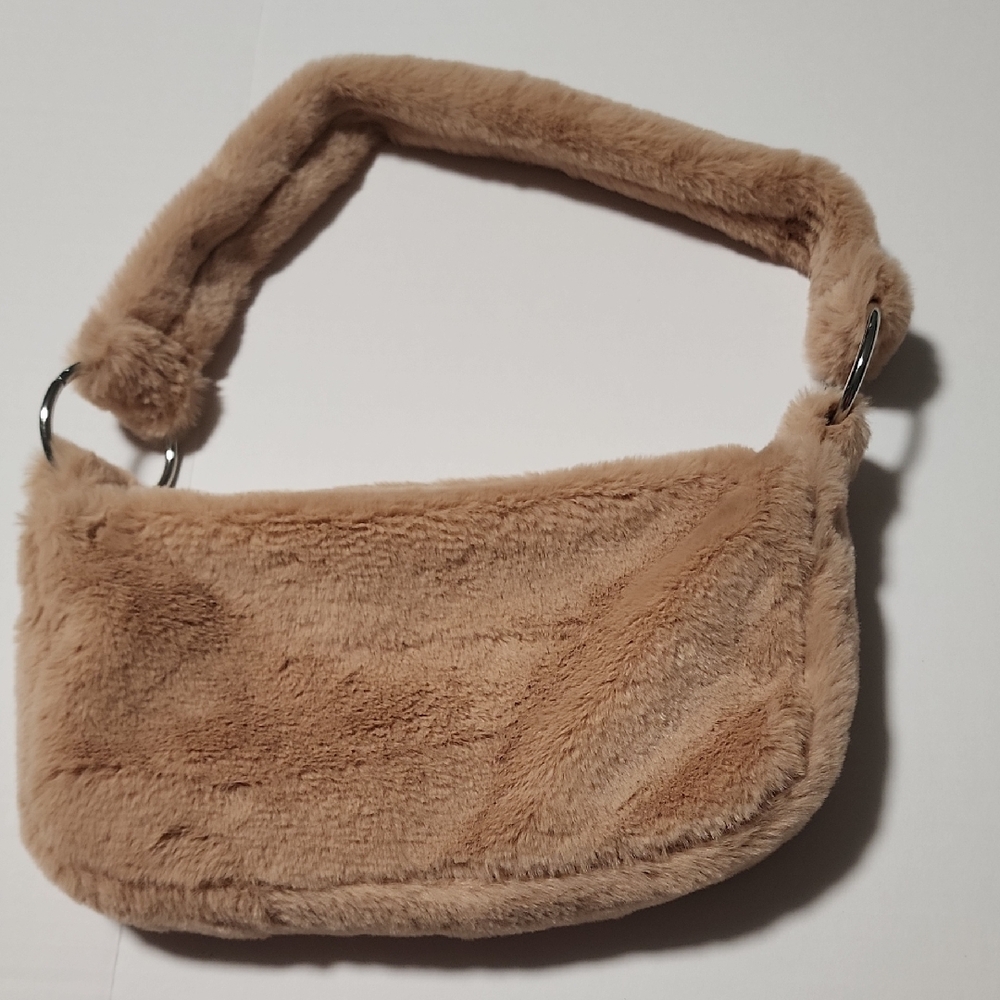 GILDA PARIS Beige Nude Plush Faux Fur with  Silver Hoop Tote Purse